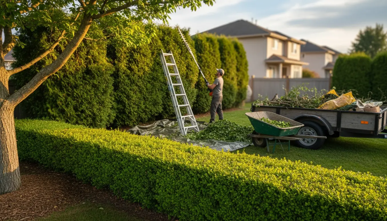 Nyklippede hække i en forhave med afklippede grene på presenning, trillebør og trailer klar til afhentning.
