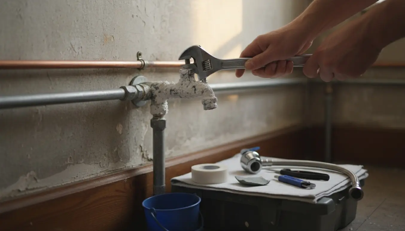 Hænder udskifter en stærkt tilkalket vaskemaskinehane med nyt kromstykke og værktøj i et gammelt hus.
