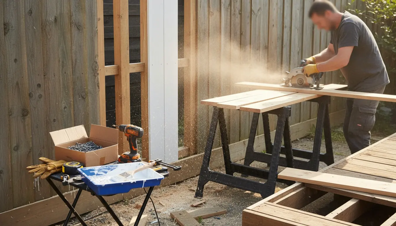 Havehegn med udskiftede og nymalede hvide planker, værktøj og nye planker klar til tilpasning.