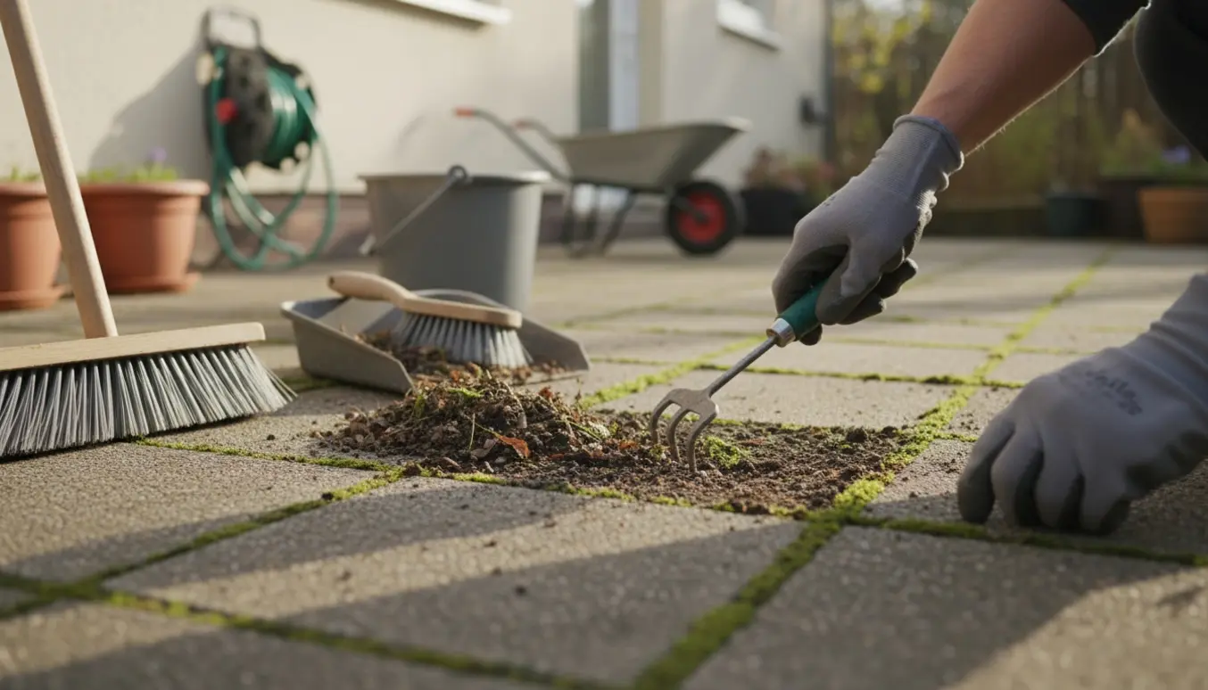 Hænder fjerner ukrudt mellem fliser og fejer snavs sammen på en solbelyst terrasse.