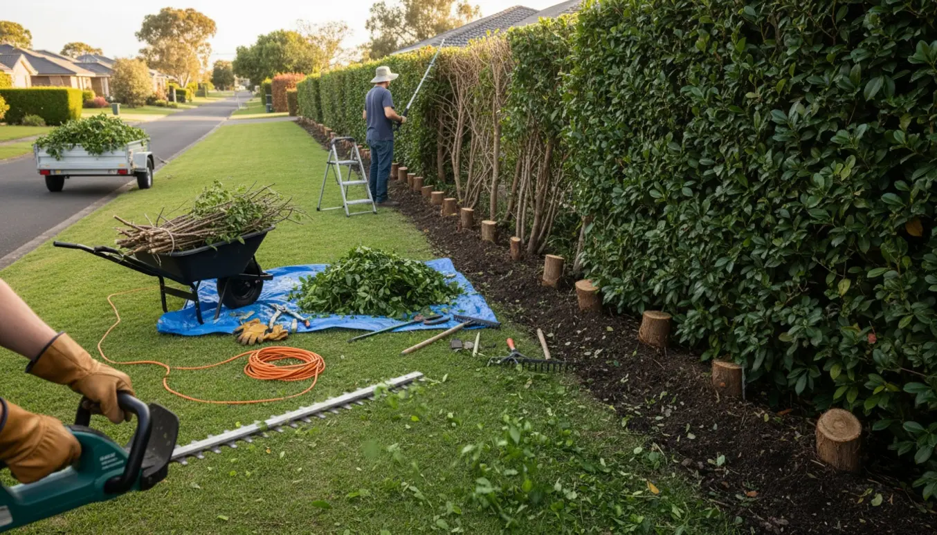 Lang hæk bliver klippet og delvist fjernet med handsker, trillebør og stakke af afklip på græsplænen.
