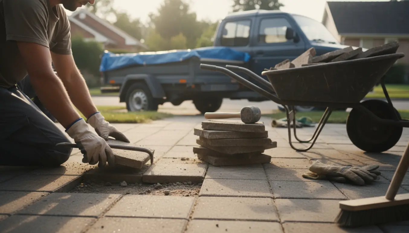 En arbejdstager læsser små betonfliser op på en trailer ved en lille terrasse.