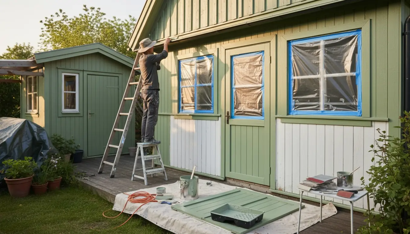 Udendørs maling af et hyggeligt kolonihavehus og anneks med stige, malerspand og afdækning på en solrig forårsdag.