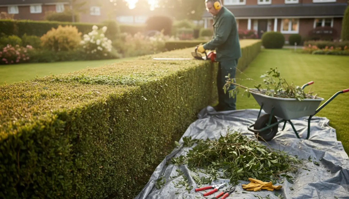 Person beskærer en lang ligusterhæk med hækkeklipper, med nyfældet grønt samlet i en trillebør.