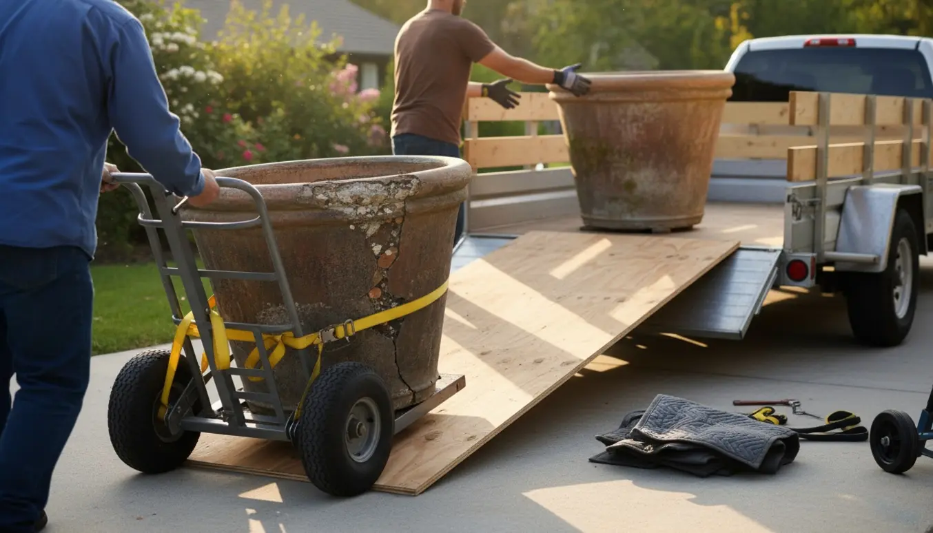 To tunge krukker flyttes med sækkevogn op ad en rampe og ind i en trailer.