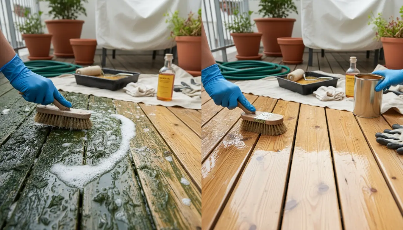 Hænder i handsker skrubber alger væk fra en altan og påfører træolie på det rengjorte område.