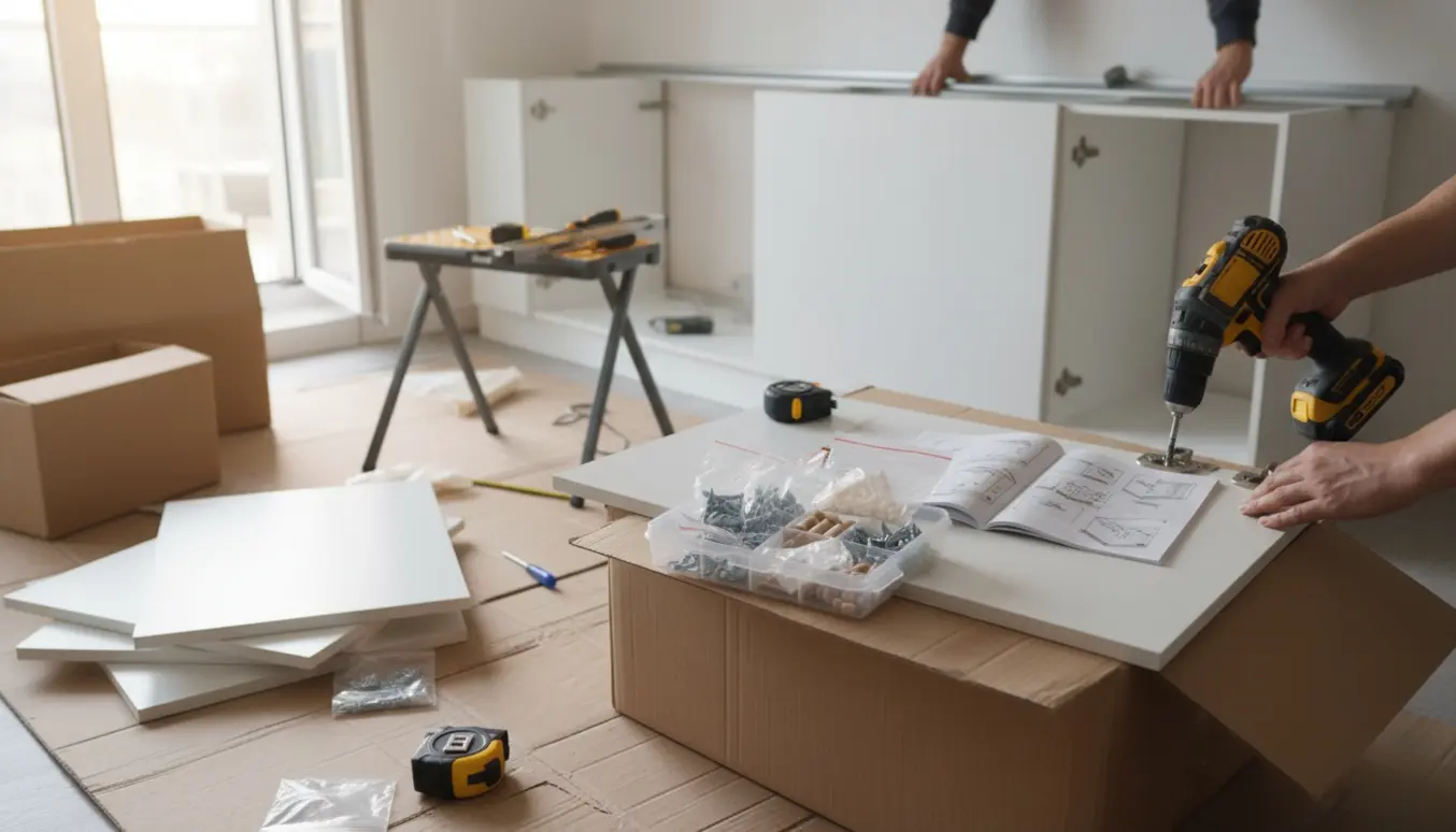 Hænder monterer fladt pakkede køkkenskabe med skruemaskine i et lyst, tomt køkken.