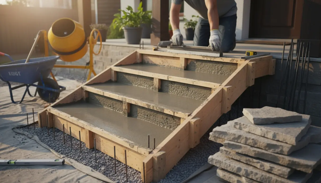 Vådt beton i træform til ny 4–5 trins hovedtrappe ved indgang, med værktøj og stenhob klar.