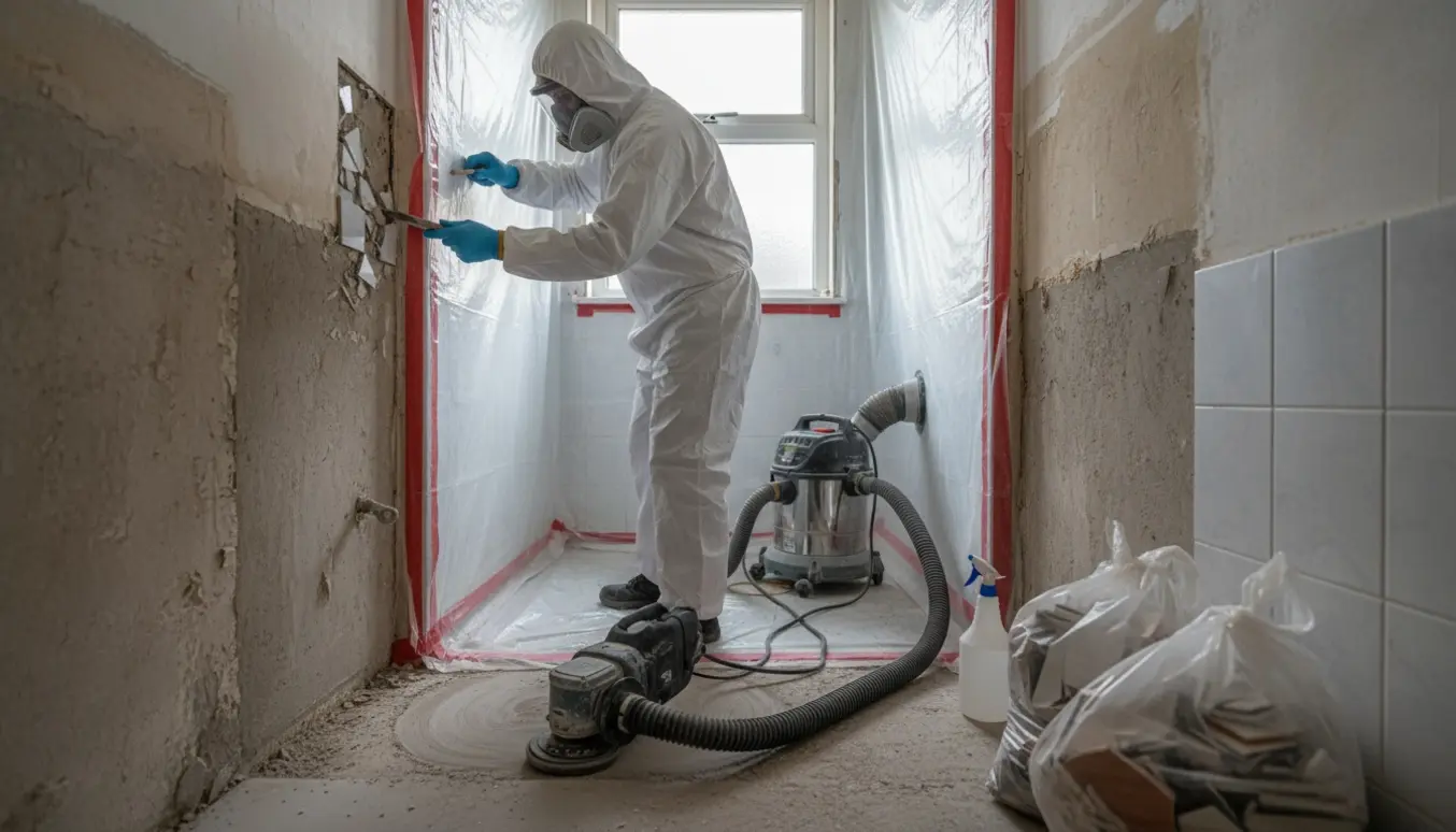 Person i beskyttelsesdragt fjerner asbestfliser i et lille badeværelse med afdækning og udsugning.