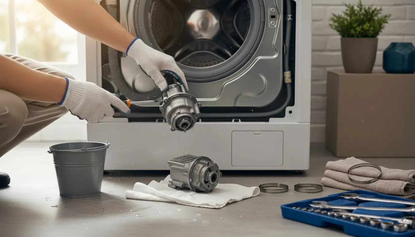 Nærbillede af hænder, der udskifter en defekt afløbspumpe i en vaskemaskine med værktøj og spand ved siden af.