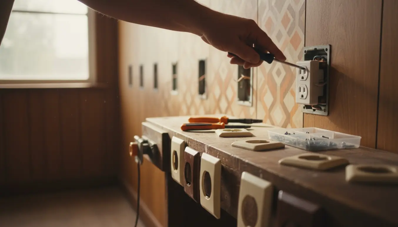 Hænder udskifter en stikkontakt i et 70'er-hus med værktøj og afdækkede bokse.