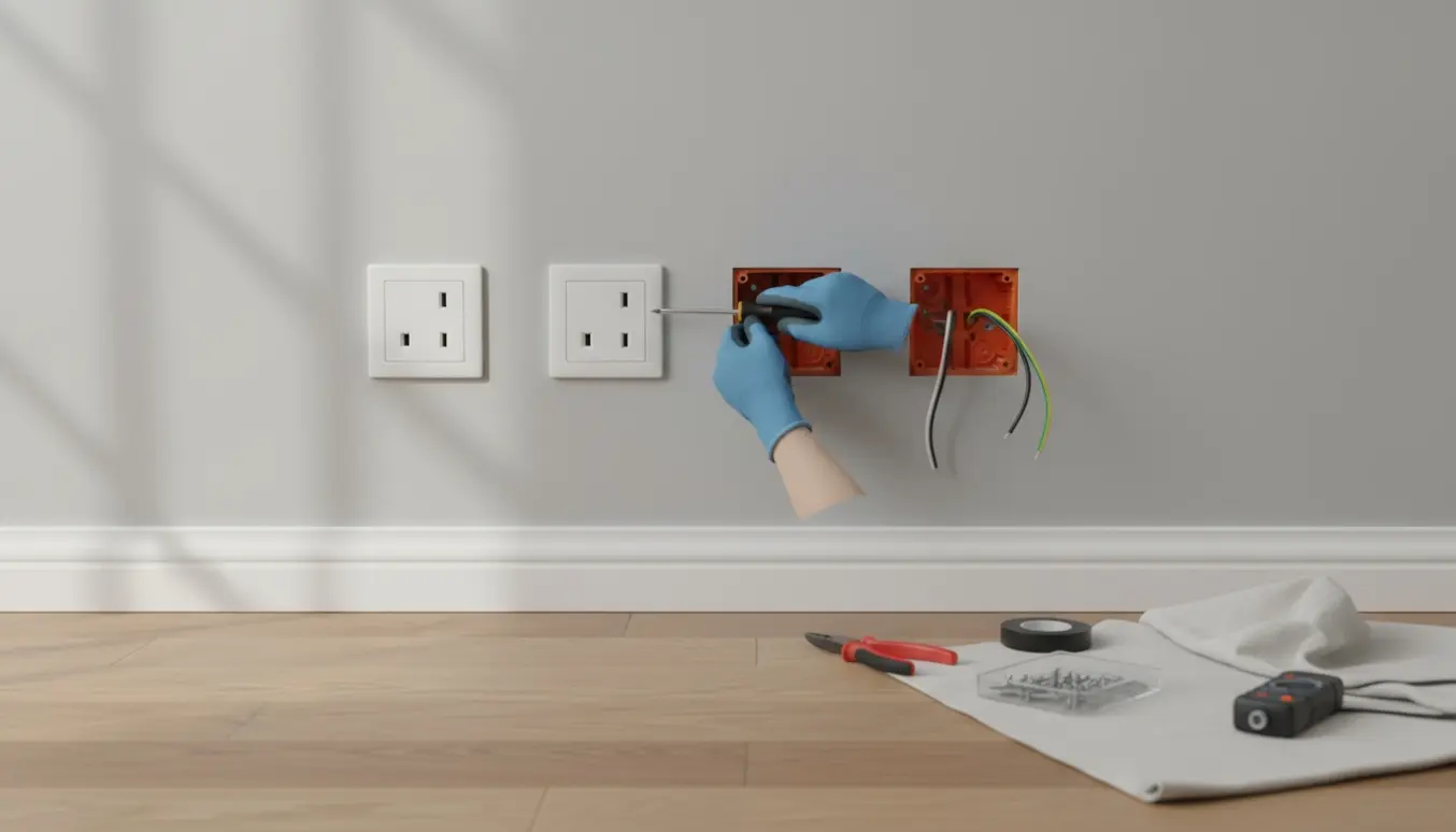 Tre stikkontakter installeres i række på en nymalet væg med værktøj på gulvet.