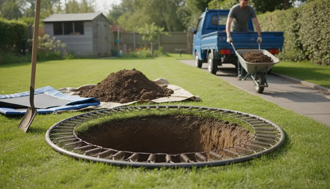 Nedgravet trampolin i en have med trillebør og skovle klar til bortskaffelse af jorden.