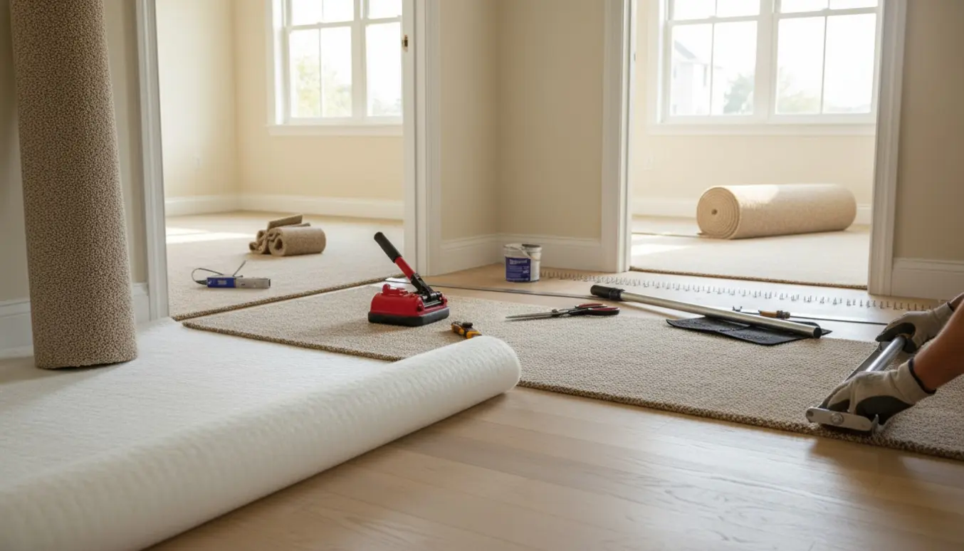 Tre sammenhængende værelser i forskellige stadier af gulvtæppeinstallation med ruller, underlag og værktøj i naturligt dagslys.