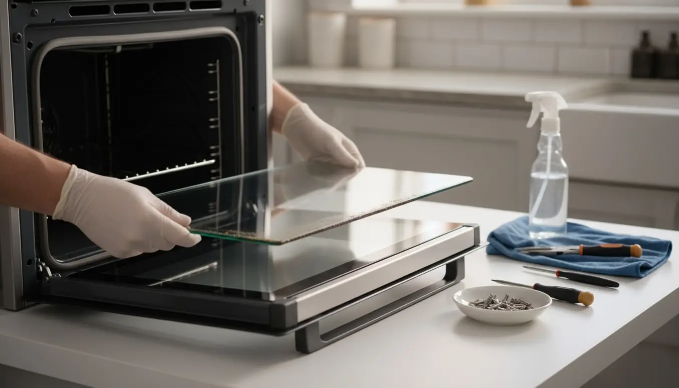 Hænder afmonterer og samler en indvendig ovnlåge med glas, skruer og værktøj i et moderne køkken.