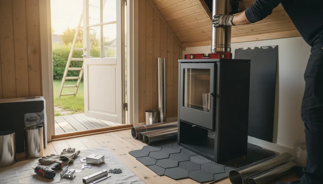 Installering af en sort brændeovn i en kolonihavehytte med skorstensrør og værktøj.