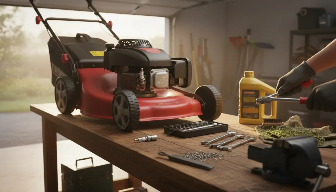 Græsslåmaskine på værksted med handsker, værktøj og en kniv, der slibes.
