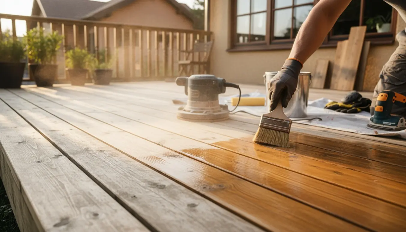 Nærbillede af en træterrasse, halvt slebet og olieret, mens en håndværker påfører olie med pensel.