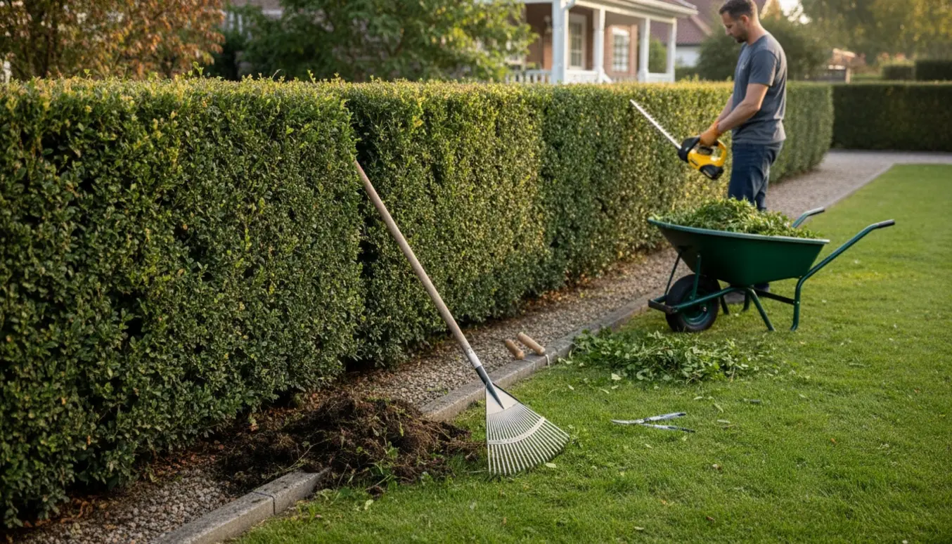 Hæk klippes indvendigt, mens ukrudt og mos ryddes under hækken udvendigt.
