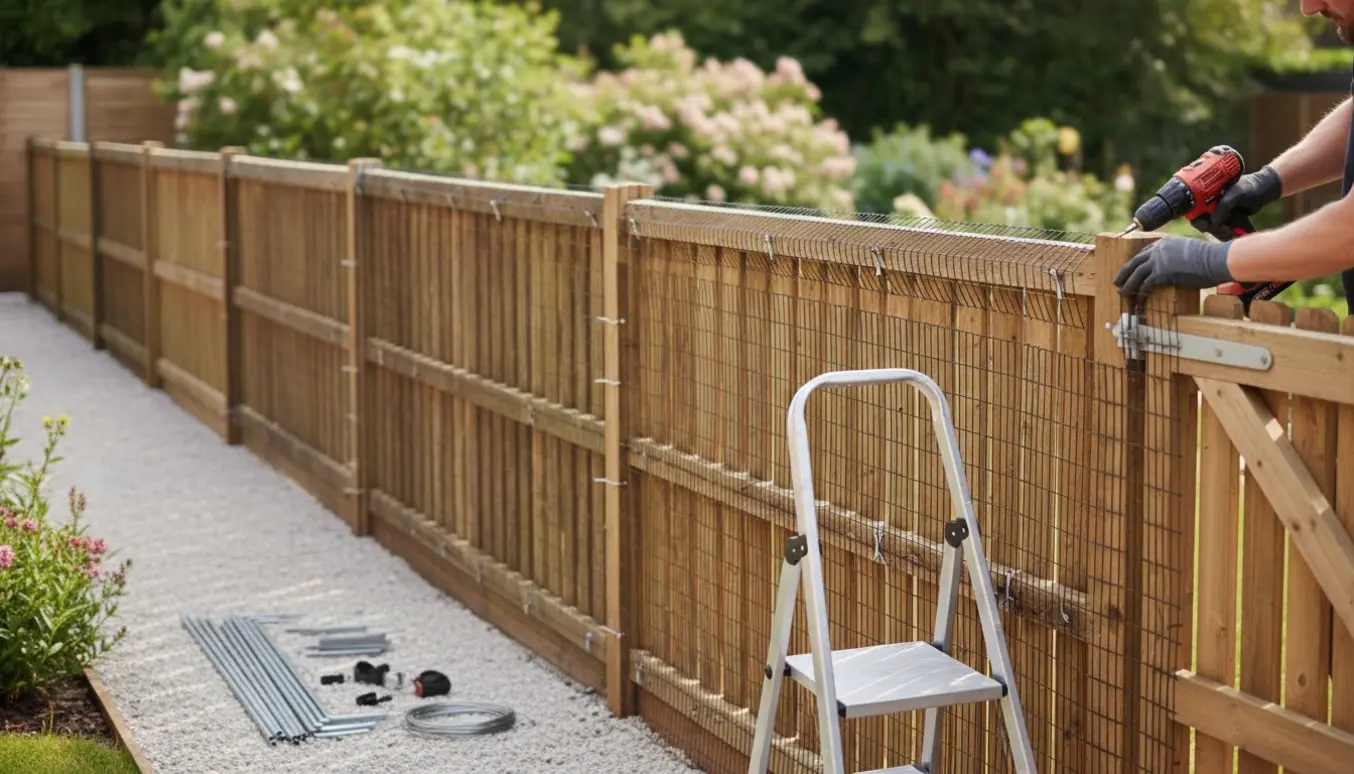 Nærbillede af færdiggørelse af kattehegn monteret på lamelhegn med ombuk og delvist sat net på lågen.