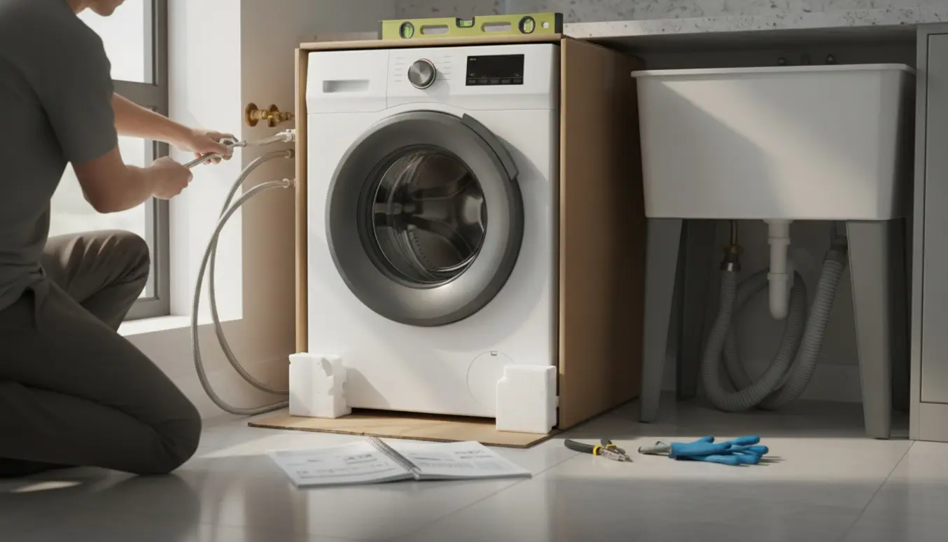 Ny vaskemaskine installeres i et lyst bryggers, hænder tilslutter vandslanger og værktøj ligger klar.