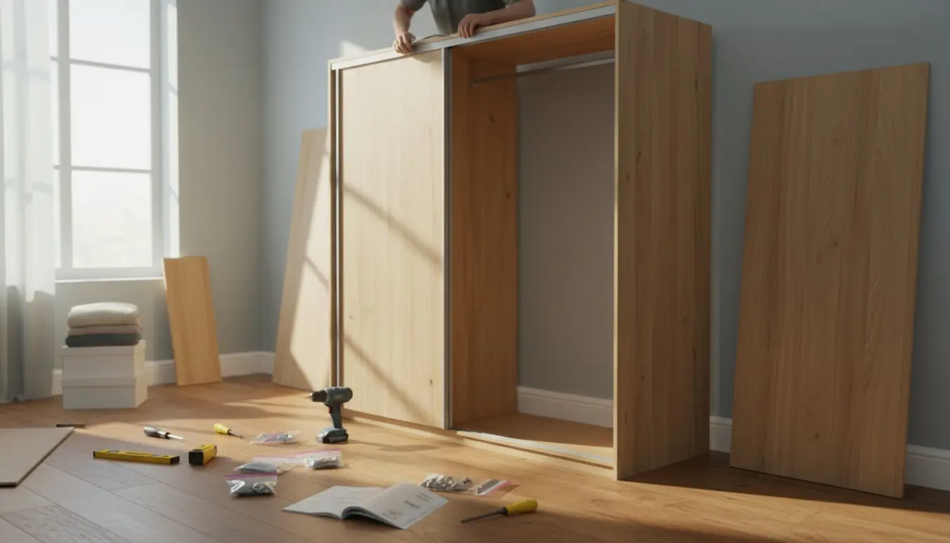 Nærbillede af montage af fladtpakket garderobeskab med skydedøre, hænder monterer skinner i et lyst soveværelse.