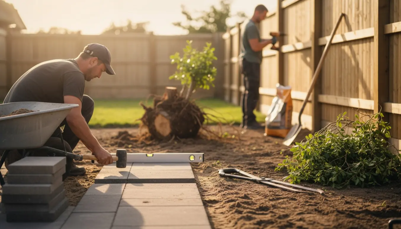 Håndværkere lægger fliser i haven med en fjernet træstump, klippede hækgrene og et delvist opsat havehegn i baggrunden.