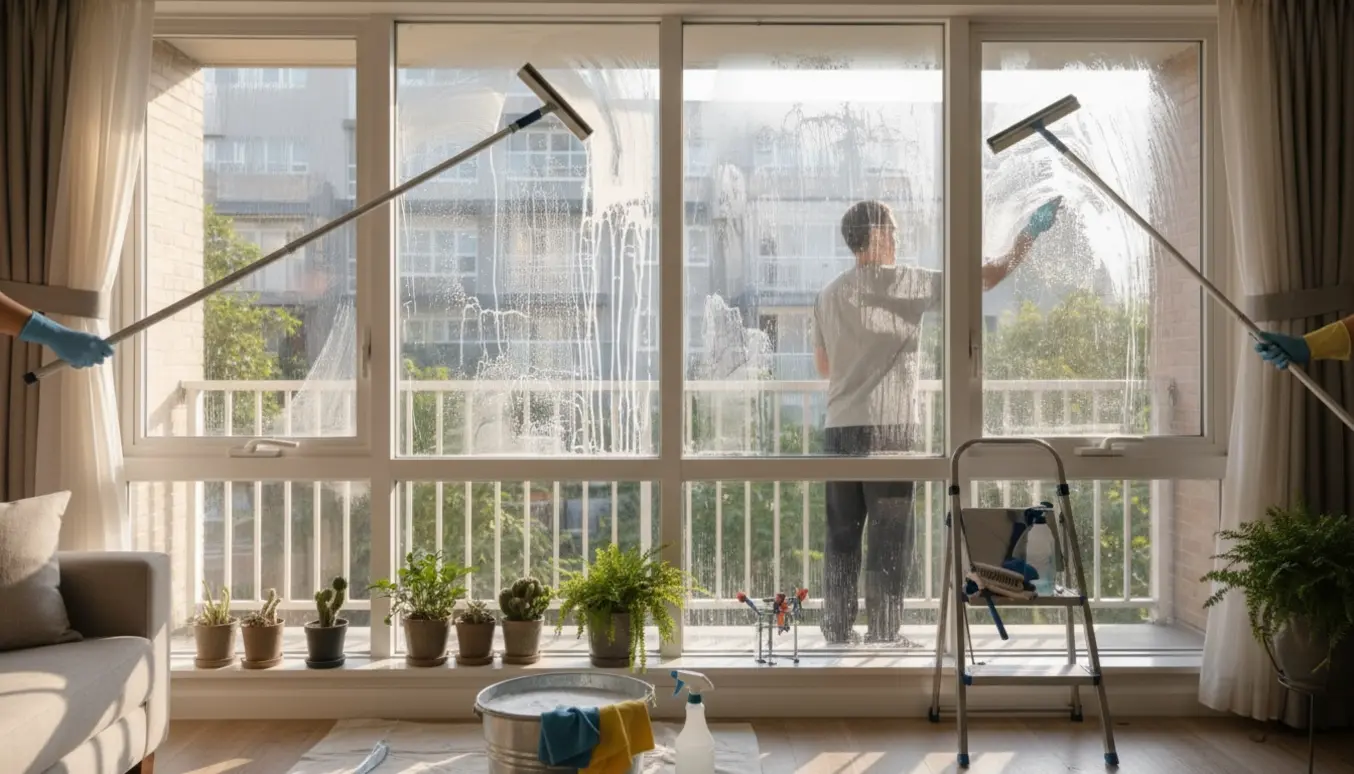 Vinduespudser pudser ind- og udvendige ruder på en stueetagelejlighed med spand, svaber og klud i sollys.