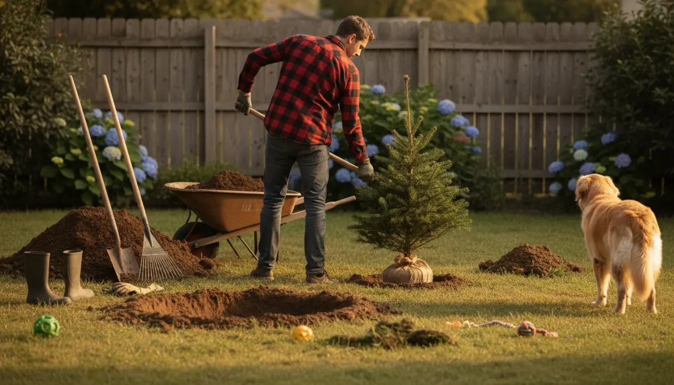 Person fylder store hundehuller med jord fra en jordhøj og planter et juletræ i baghaven.