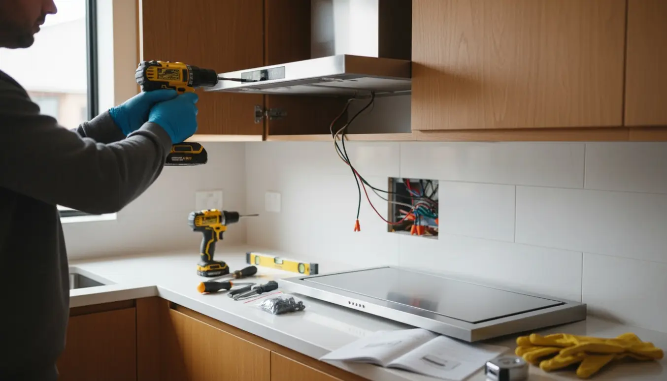 Udskiftning af en indbygget emhætte i et moderne køkken med værktøj og hænder i arbejde.