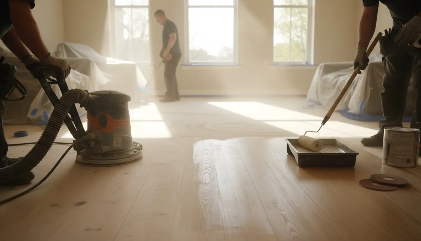 Stor åben stue hvor trægulv slibes og matlakeres, med sander, rulle og færdigt mattområde.