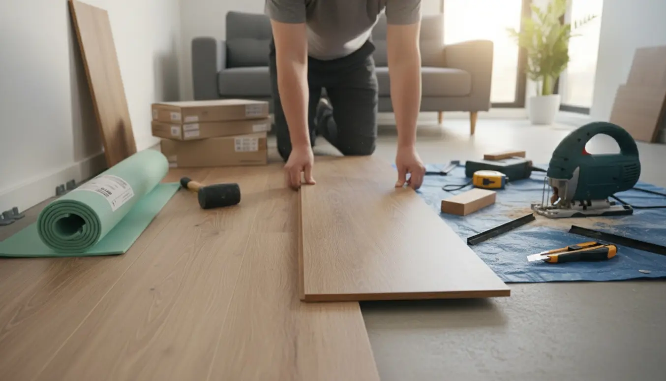 Klikgulv installeres i en lys stue med planker, underlag og værktøj klar.