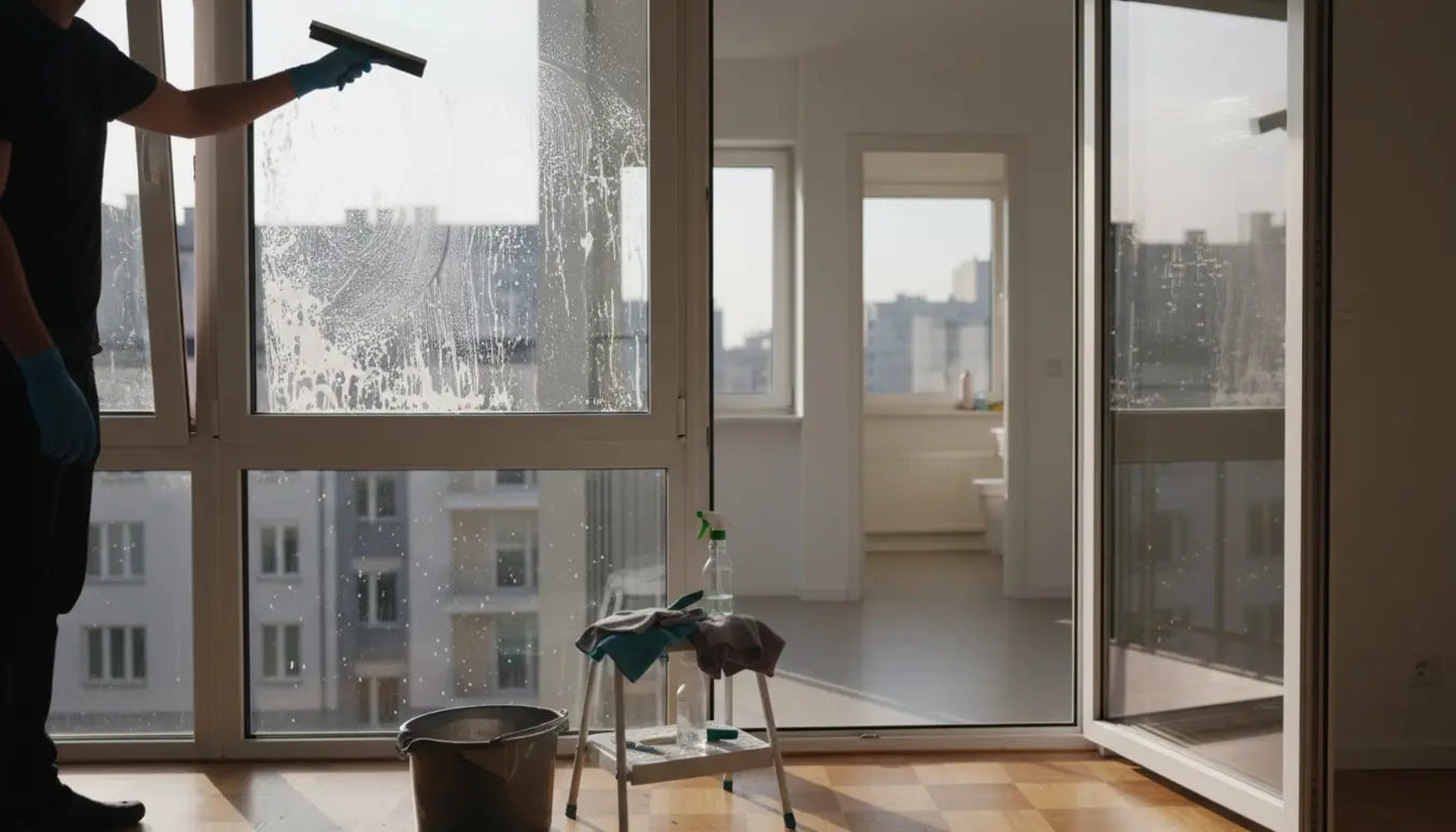 Hænder pudser store tilt‑ind vinduer og altandør indefra med skraber, sæbe og klude.