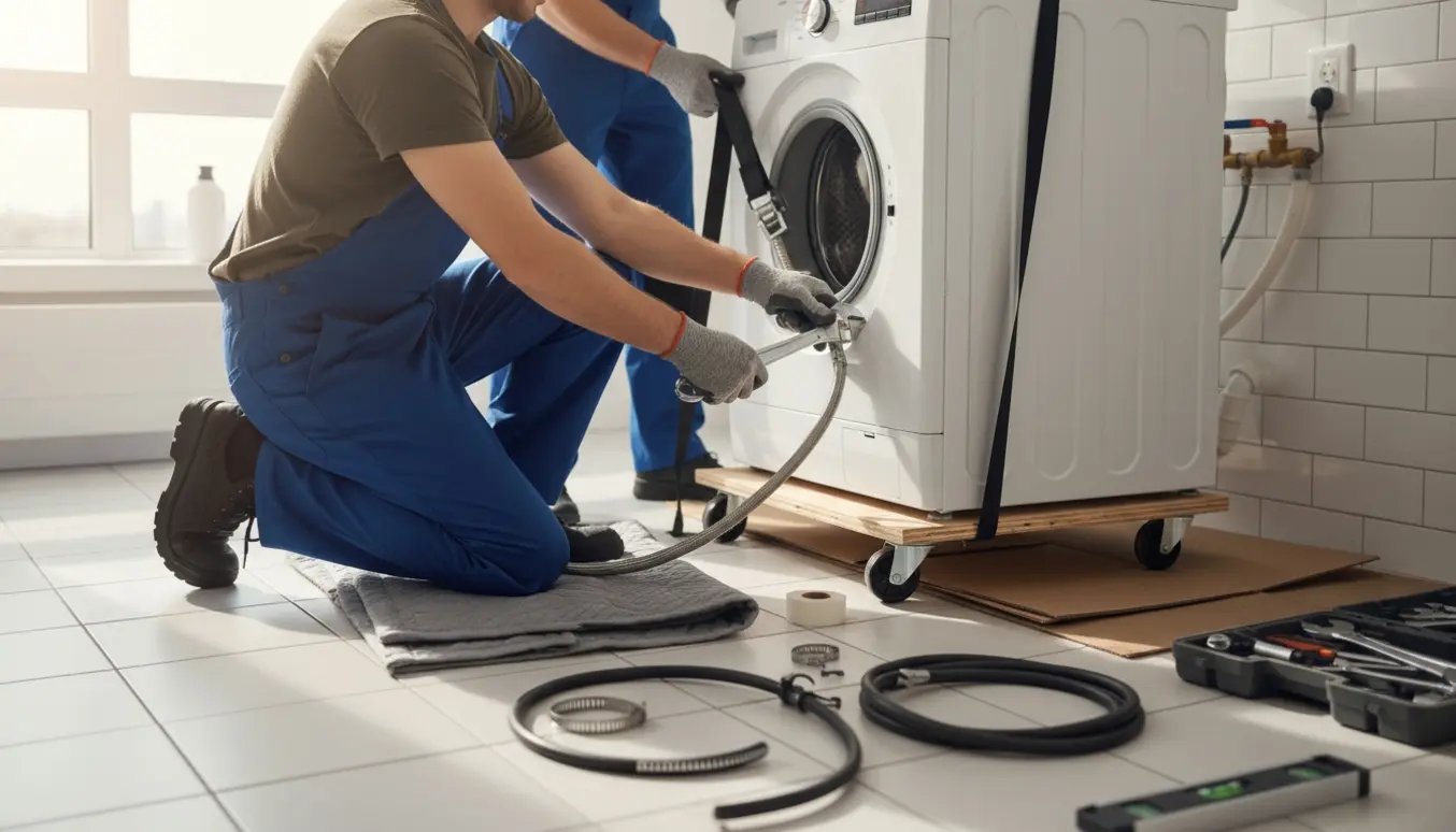 Teknikere flytter og monterer en vaskemaskine i et lyst vaskerum, mens en slange fastspændes med en skruenøgle.