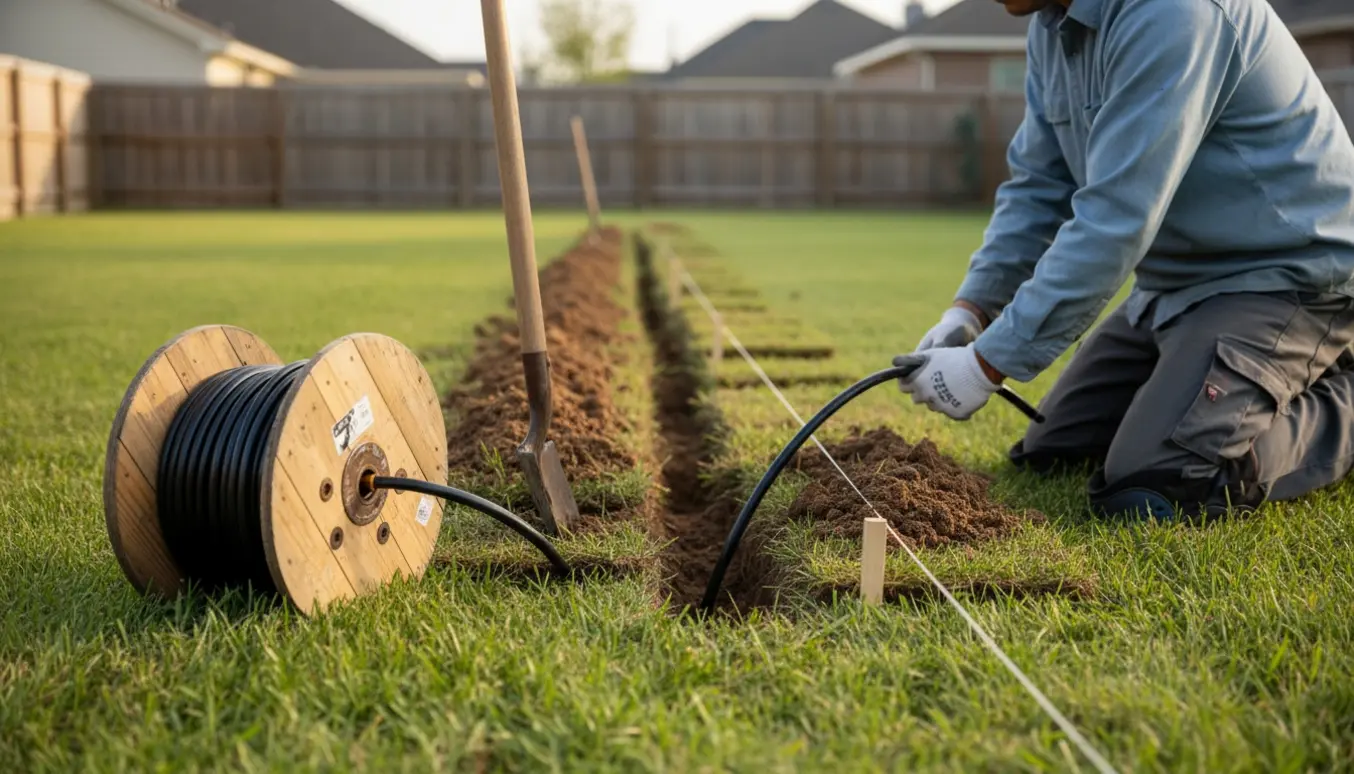 Håndværker lægger kabel i en smal grøft i en græsplæne med kabelrulle og skovl ved siden af.