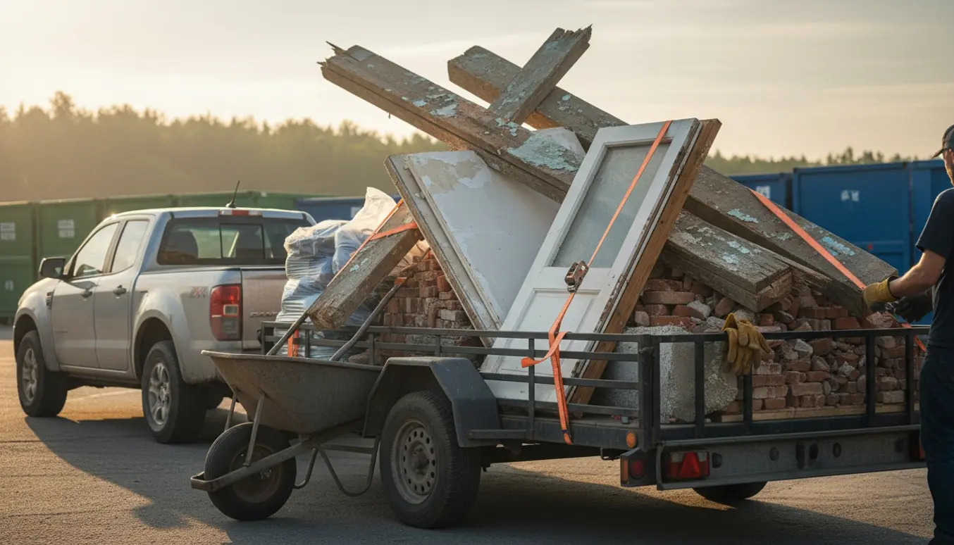 Trailer fyldt med træ, murbrokker og gennemsigtige affaldssække ved en genbrugsstation.