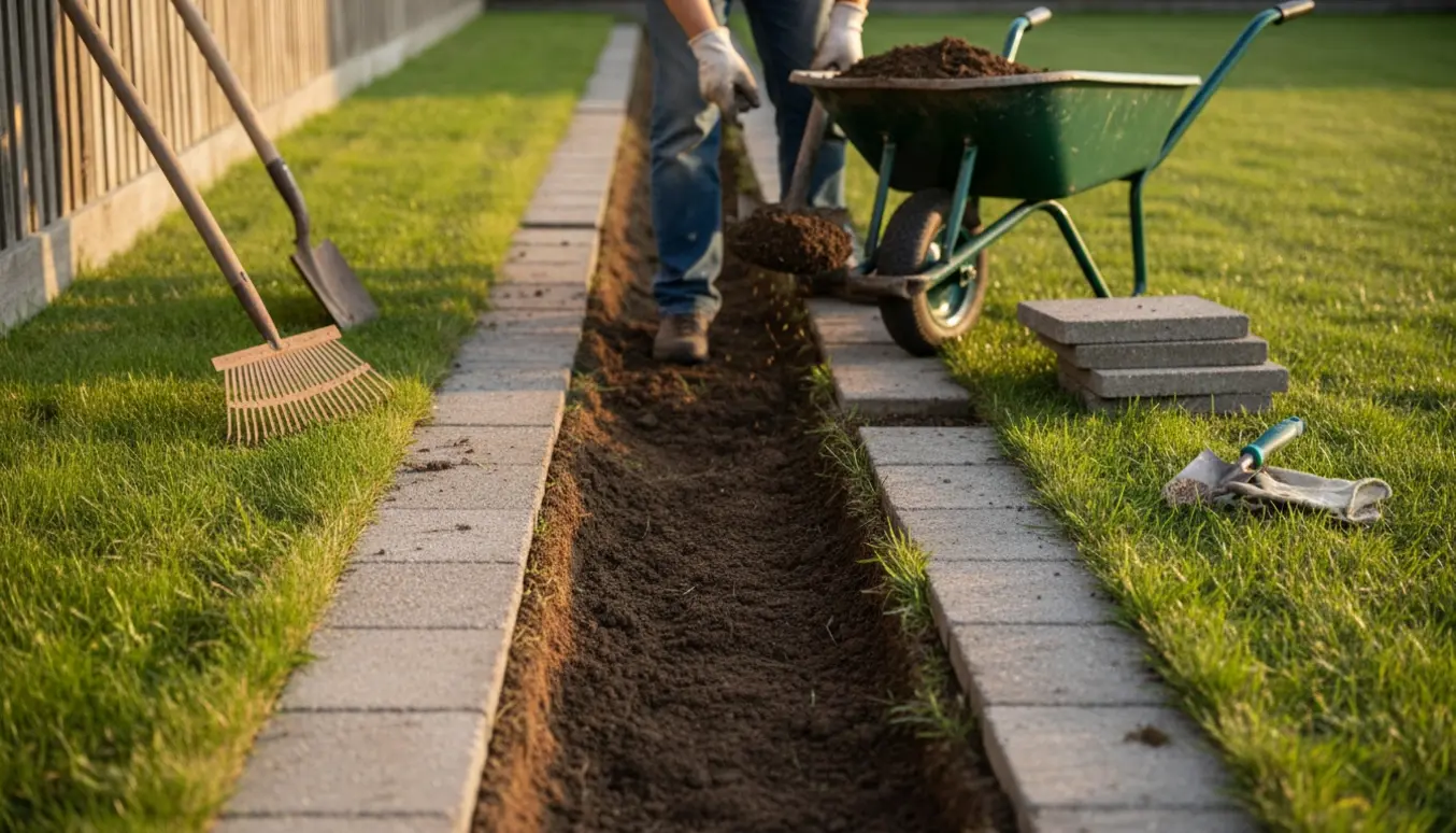 Lang, smal stribe med fjernede fliser, hvor muldjord skovles i for at anlægge græs.