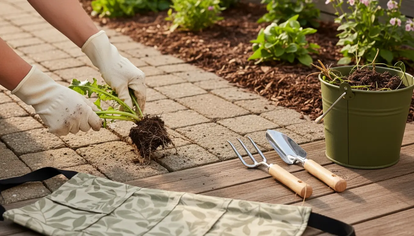 Nærbillede af hænder der trækker ukrudt op mellem fliser på en terrasse med en spand fyldt ukrudt i baggrunden.