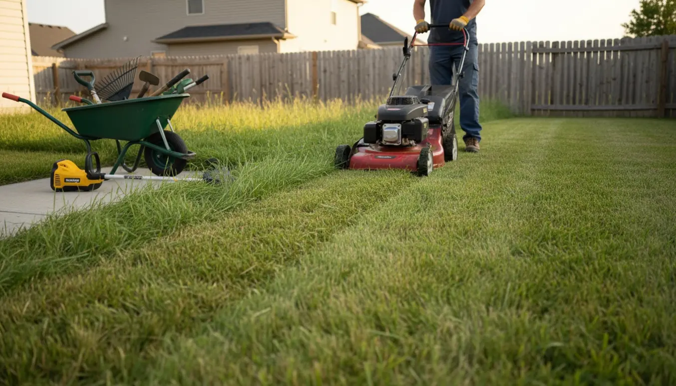 Baghave med meget højt græs og en plæneklipper, der har dannet en nyklippet sti mellem højt og nyklippet græs.