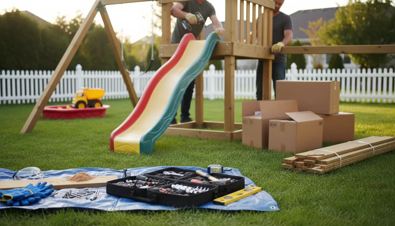 Delvist opbygget trælegeplads i baghaven med værktøj og to voksne, der monterer dele.
