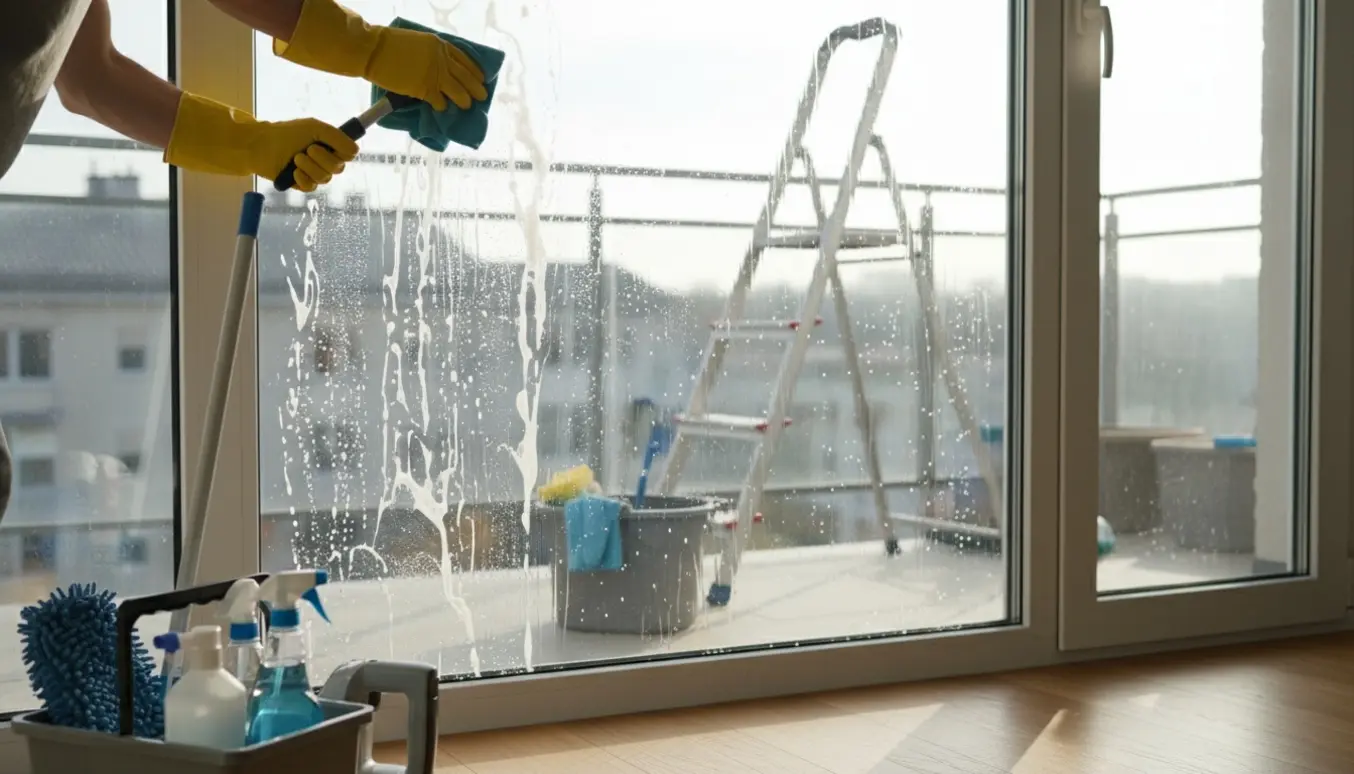 Hænder i gummihandsker pudser et stort vindue med gummiskraber og mikrofiberklud i et lyst, ryddeligt rum.