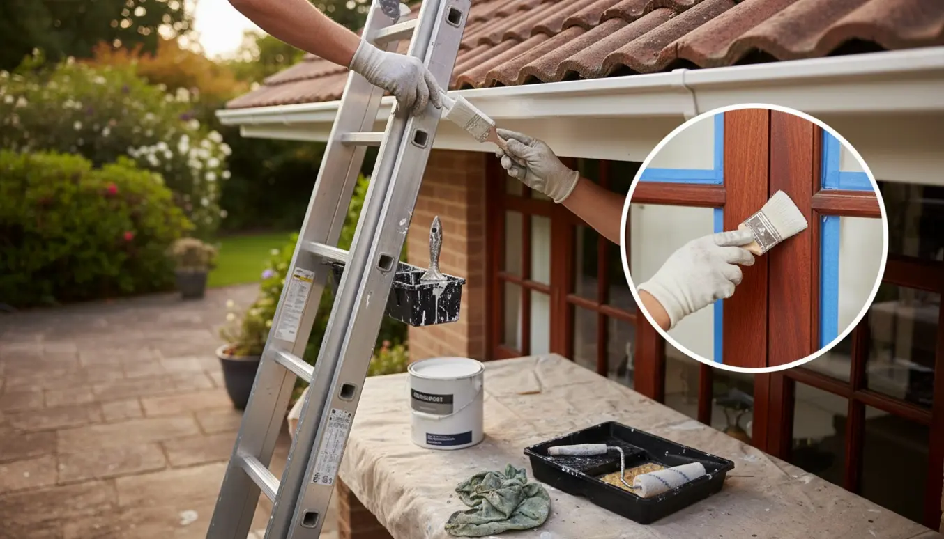 Hænder maler udhæng og mahognivindue fra en stige med malerværktøj og afdækning i forgrunden.