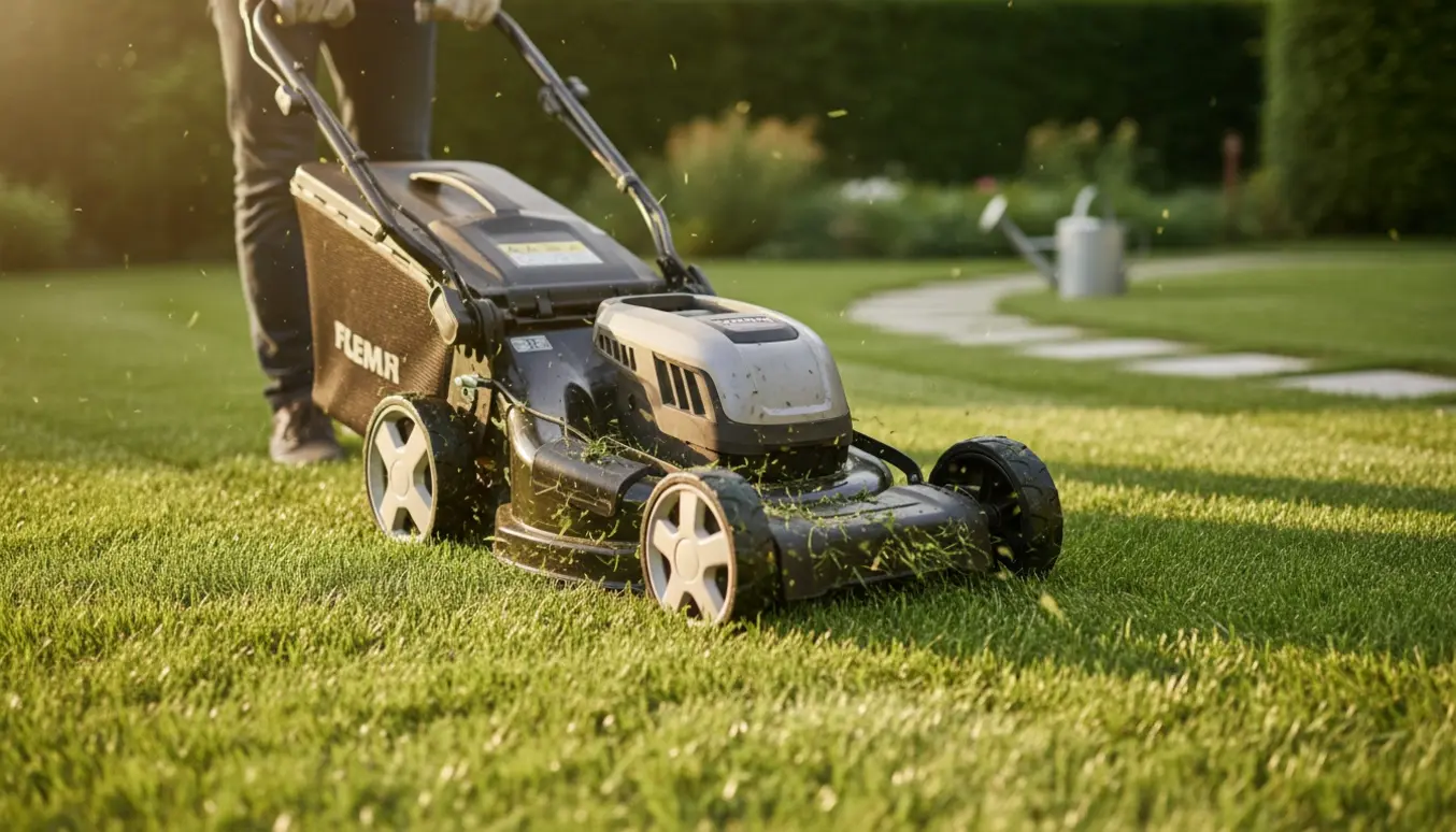 Nærbillede af en plæneklipper, der klipper en solbeskinnet baghave og efterlader en stribet græsplæne.