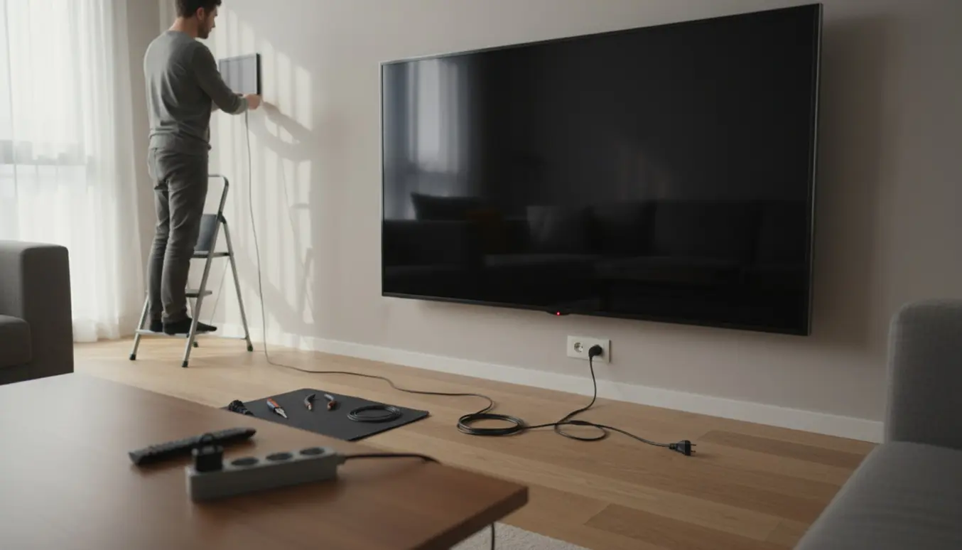 Stor vægmonteret fladskærm med blinkende rød standbydiode, fjernbetjening og værktøj i forgrunden.