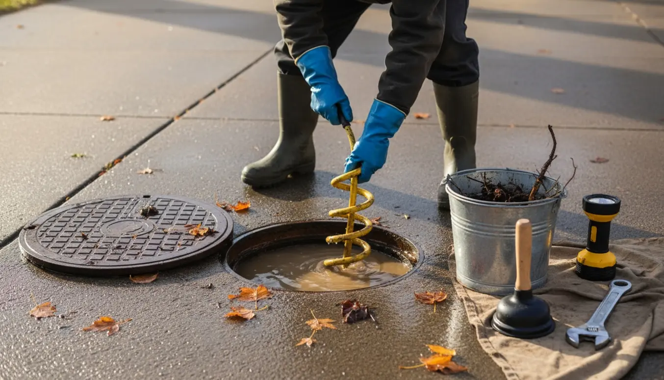 En tekniker renser en åben kloak med en fleksibel afløbsrenser, iført gummihandsker og gummistøvler.