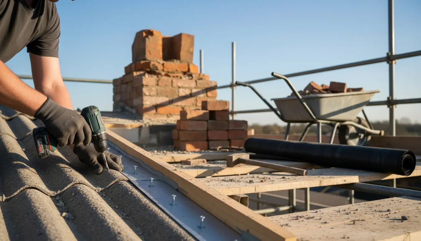 Håndværkere lukker et hul i taget efter fjernelse af en muret skorsten og monterer grå bølgeplader.