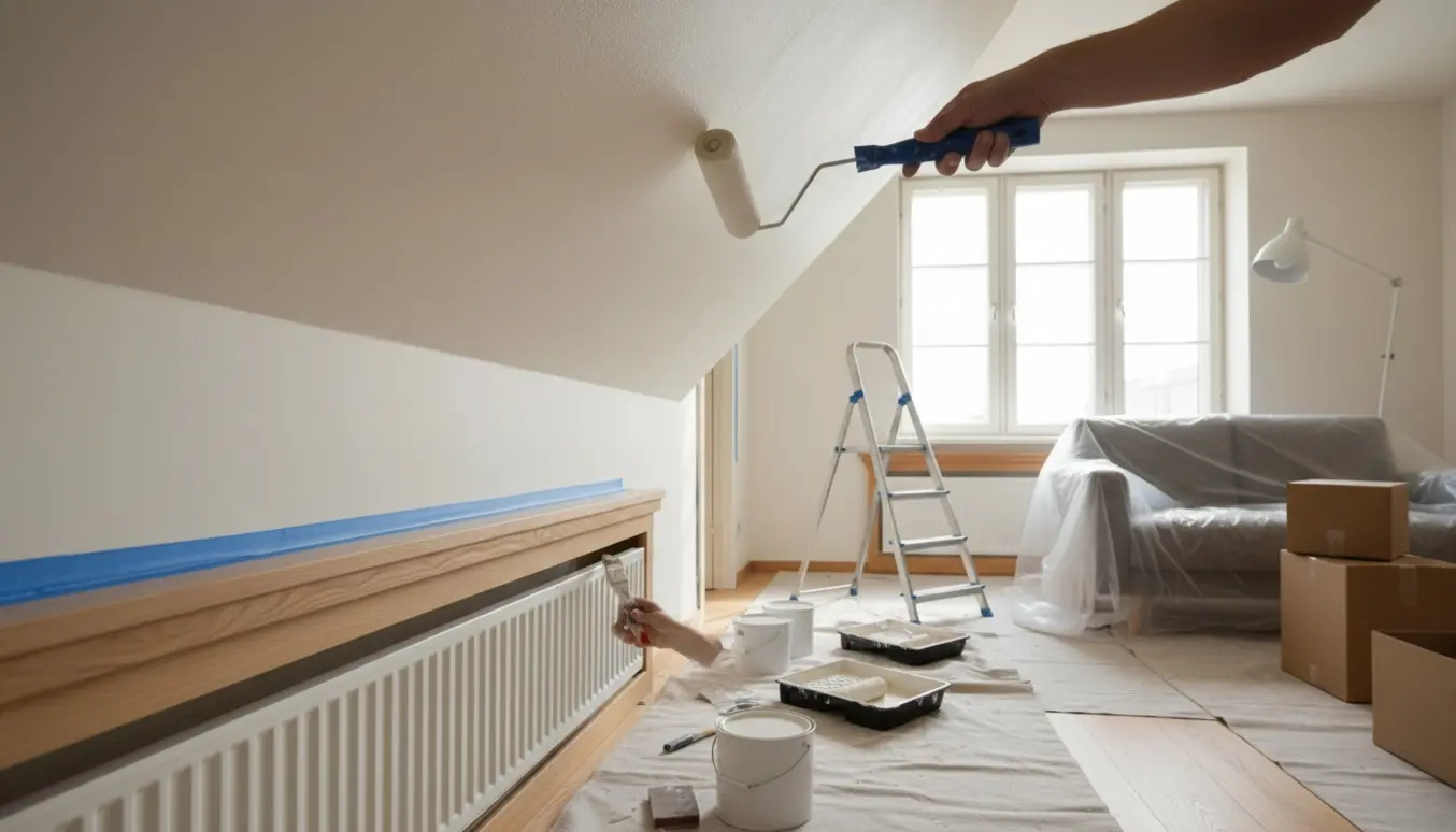 Hænder maler loft og paneler i en lille lejlighed med malerværktøj og afdækningsdug.