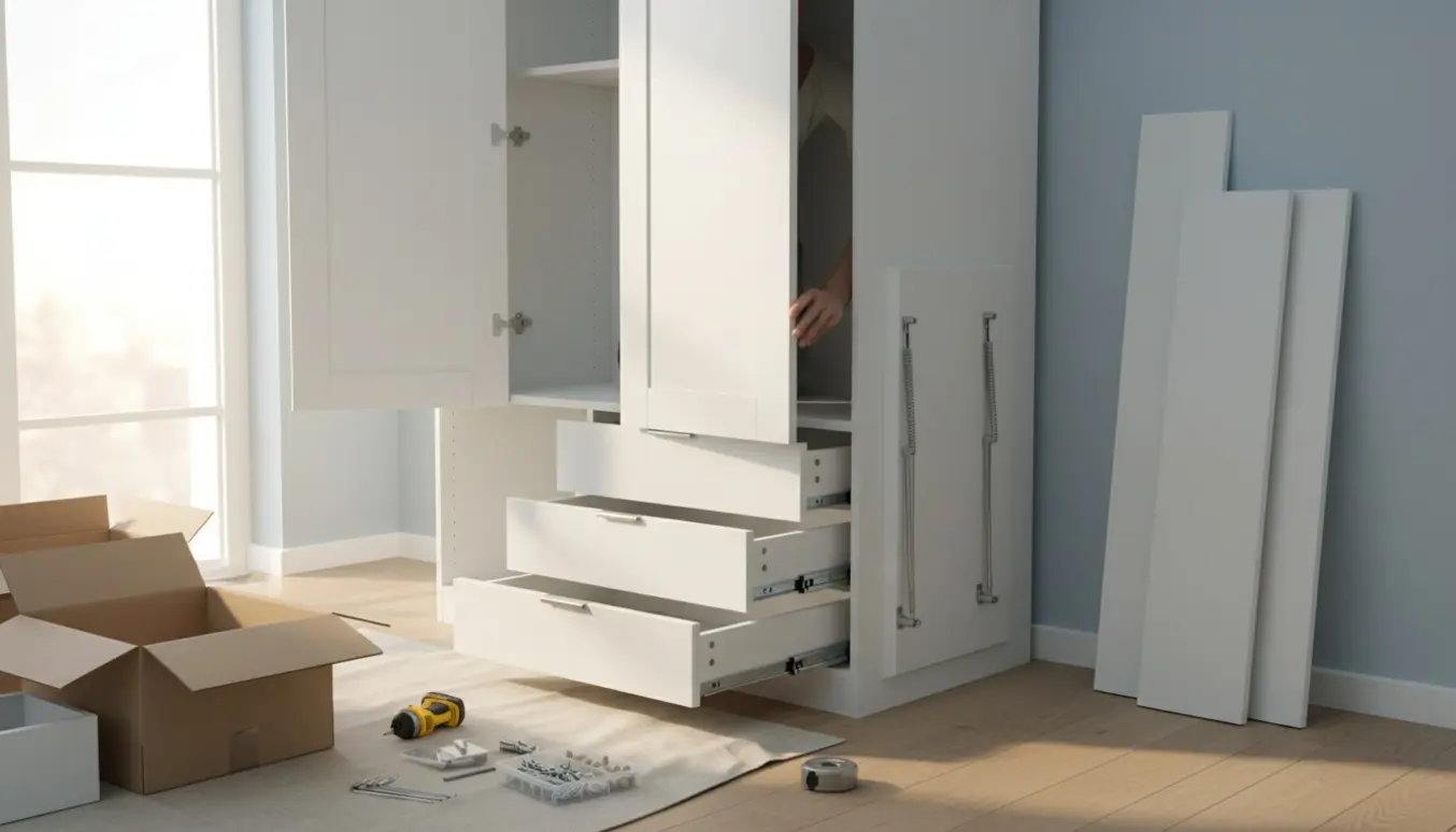 Halvfærdigt hvidt garderobeskab med åbne skuffer, foldbart skrivebord og værktøj på et lyst soveværelse.