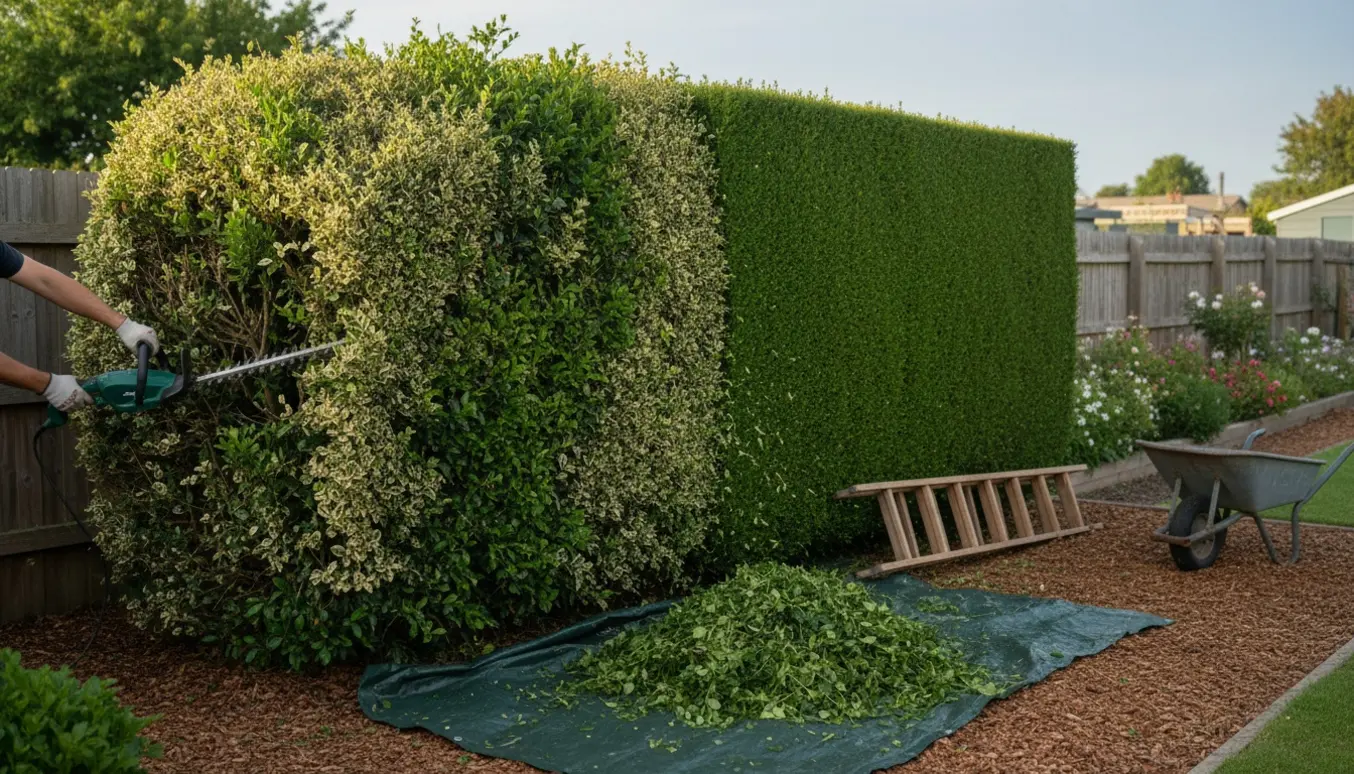 Nærbillede af gloved hænder, der klipper en cirka 2 m høj og 10 m lang hæk, med nyklippet og uordnet sektion synlig.