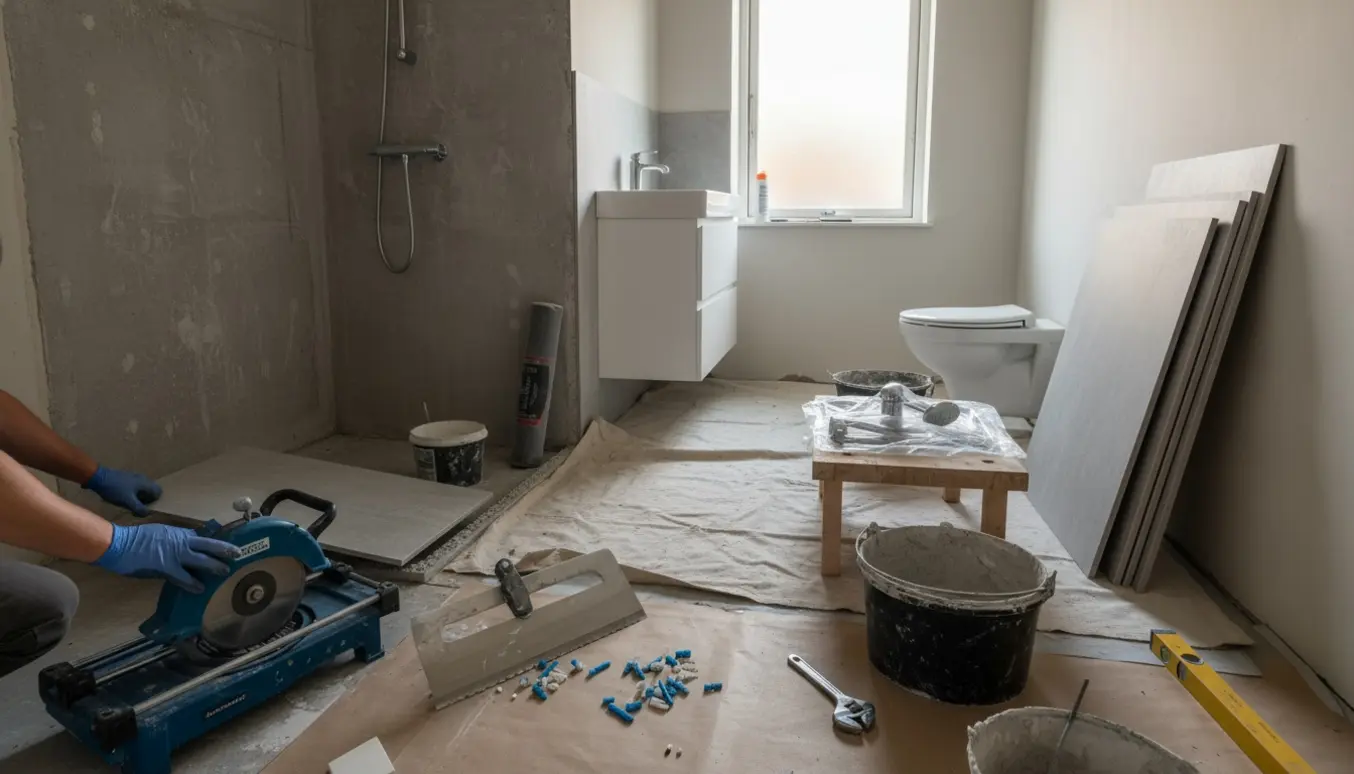 Lille københavnerbadeværelse midt i totalrenovering med nye fliser, indkøbte armaturer og værktøj klar til installation.